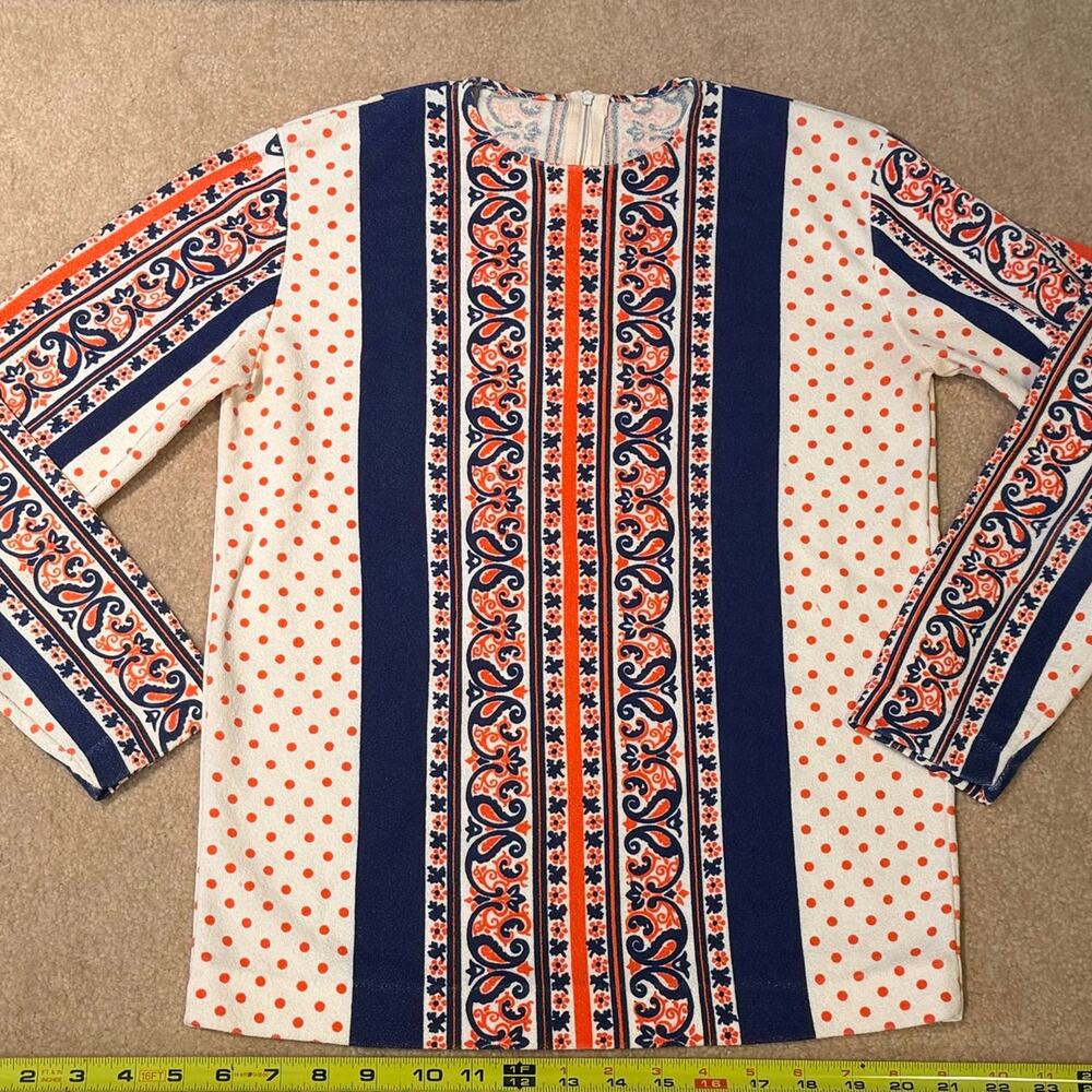 VTG 60s Mod Paisley Polka Dot Long Sleeve Top Back Zip Navy Orange Psychedelic S